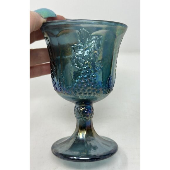2 INDIANA GLASS CONTEMPORARY CARNIVAL HARVEST GRAPE Goblets Iridescent Blue 0176 - Picture 8 of 9